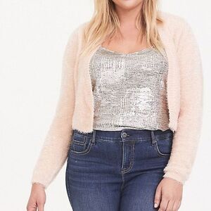 Torrid Blush Light Pink Fuzzy Furry Open Cardigan Shrug Cropped Sweater 1X